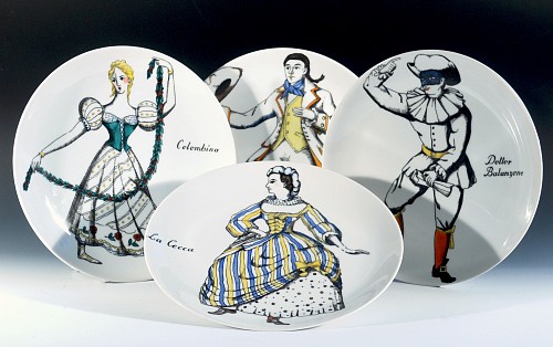 Piero Fornasetti Piero Fornasetti Porcelain Commedia Dell'arte Maschere Italiane Porcelain Plates, Italian Masks-A Set of Four, 1970s $2,200