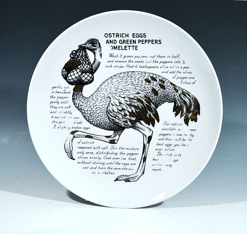 Inventory: Piero Fornasetti Piero Fornasetti Fleming Joffe Recipe Plate-Ostrich Eggs And Green Peppers Omelette, 1960s $250