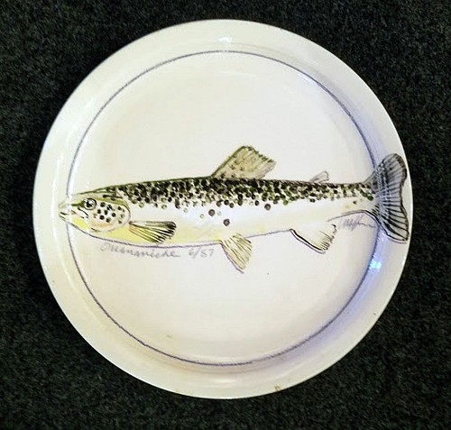 Carole Moses Harman Carole Moses Harman Ceramic Dish Painted with Ouananiche Salmon, Dated 6/87, Dated 1987 $500