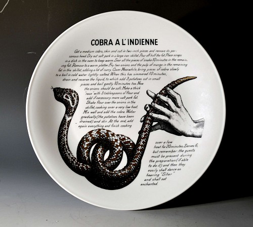 Inventory: Piero Fornasetti Piero Fornasetti Fleming Joffe Porcelain Recipe Plate- Cobra a L'Indienne, 1960s $750