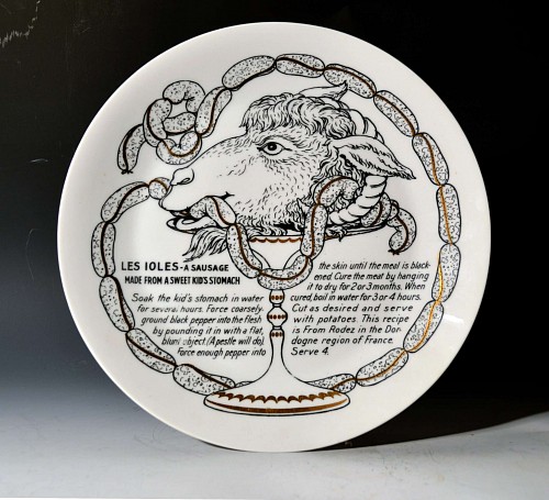 Piero Fornasetti Piero Fornasetti Fleming Joffe Porcelain Recipe Plate-Les Ioles-A Sausage Made From A Sweet Kid's Stomach, 1960s $850