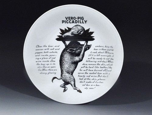 Inventory: Piero Fornasetti Piero Fornasetti Fleming Joffe Porcelain Recipe Plate, Vero-Pig Piccadilly, 1960s $850