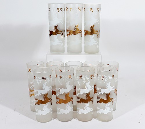 Inventory: Mid-century Modern Libbey Cavalcade Galloping Horse Tom Collins Cocktail Glasses- Mid-Century Modern Glasses- Set of Twelve, 1950s-60s $750