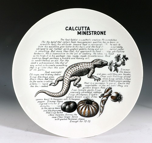 Inventory: Piero Fornasetti Piero Fornasetti Porcelain Cook Pattern Plate, Calcutta Minestrone, Made for Fleming Joffe, 1968-74 $500