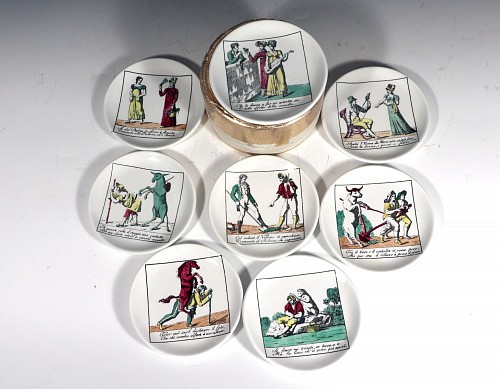 Piero Fornasetti Piero Fornasetti Complete Set of Eight Ceramic Coasters, Il Mondo Alla Rovecia Pattern, (â€œThe topsy-turvy worldâ€), 1960s $850