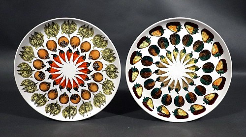 Piero Fornasetti Piero Fornasetti Ceramic Plates, Giostra di Frutta, (Merry-go-round of Fruit), Numbered 1 & 2, 1955-60 $1,500
