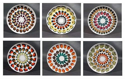 Piero Fornasetti Piero Fornasetti Porcelain Plates, Giostra di Frutta (Merry-go-round of Fruit), Set of Six, 1950s $4,800