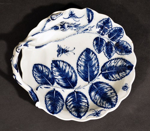 Inventory: First Period Worcester Porcelain First Period Worcester Porcelain Underglaze Blue Blind Earl Leaf Dish, Circa 1765-75 $2,800