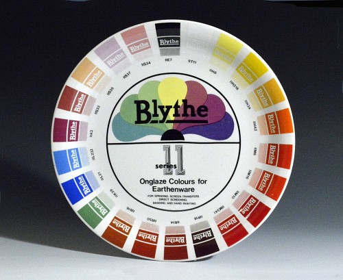 Blythe Factory Blythe Factory Porcelain Artist Colour Sample Plate titled Onglaze Colours for Earthenware, 20th Century $500