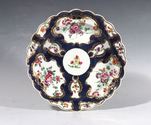 First Period Worcester Porcelain First Period Worcester Porcelain Blue Scale Botanical Dessert Plate, 1768-72 $550