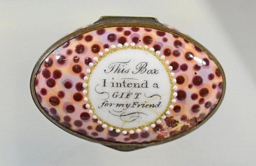 Bilton Bilston Enamel Patch Box, "This Box I intend a gift for my friend", Circa 1775 $1,250
