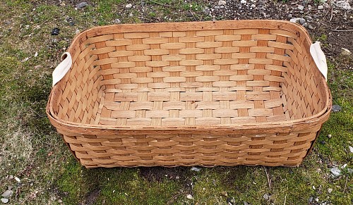 Large Woven Slat Basket with Cloth Handles, 20th Century $350