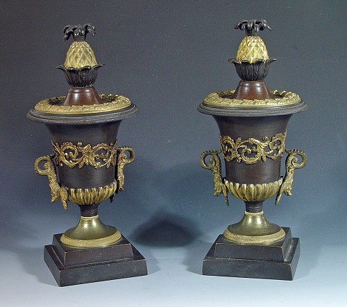 Inventory: English Regency Bronze & Ormolu Pineapple topped Urns with Reversible Candlestick, Circa 1815-30 $5,500