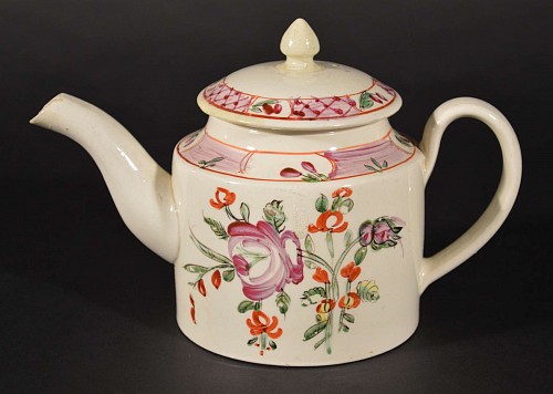 Inventory: Creamware Pottery Antique English Creamware Polychrome Teapot and Cover, Circa 1785-90 $900