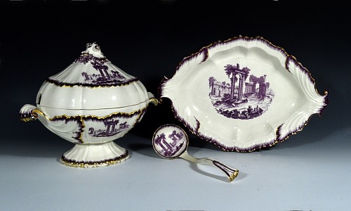 Creamware Pottery Antique English Creamware Puce Feather-edged Sauce Tureen, Cover, Stand and Ladle, Neale & Co., Circa 1780-85 $2,500