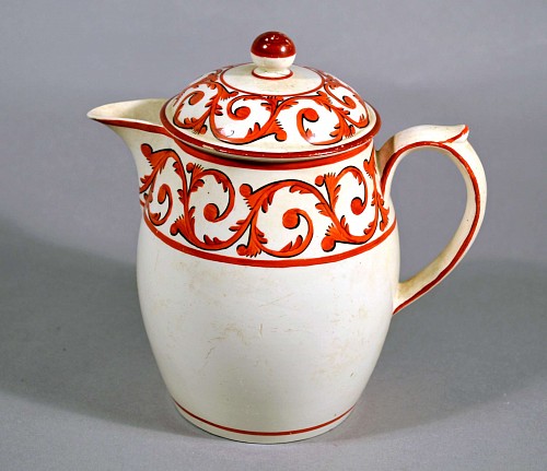 Inventory: Creamware Pottery Creamware Covered Jug and Cover with Orange Foliate Scroll Designs, Circa 1820 $650