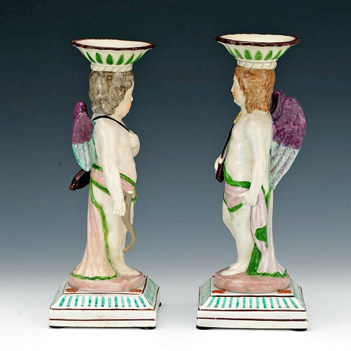 Pearlware English Pearlware Pair of Putti Figural Candlesticks, Attributed to Neale & Co, Circa 1800 $1,250