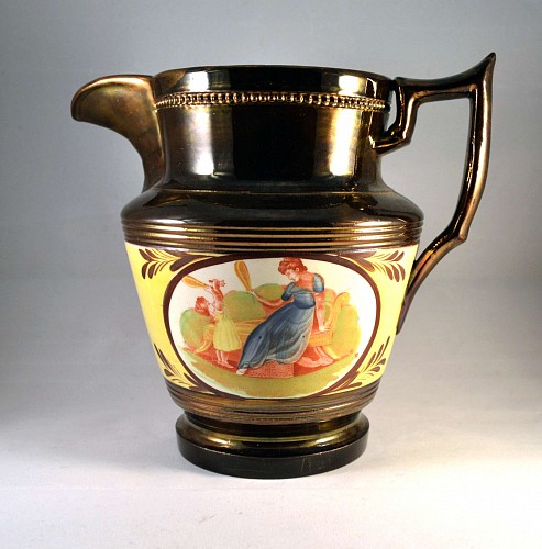 Inventory: Pearlware English Pottery Copper Lustre & Yellow Large Jug with Panels of  Adam Buck Figures, Probably Enoch Wood, Circa 1810-30 $95