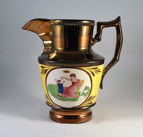 Inventory: Pearlware English Pottery Copper Lustre & Yellow Small Jug with Adam Buck Panels, Probably Enoch Wood, Circa 1820-30 $285