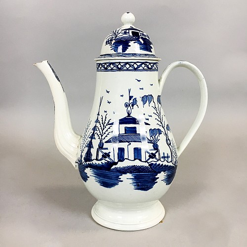 Inventory: Pearlware 18th-century Blue & White Pearlware Chinoiserie Coffee Pot & Cover, Circa 1785 $650