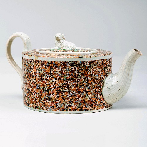 Pearlware Staffordshire Pearlware Teapot and Cover with Inlaid Agate and Spaniel Finial, Attributed to the Ralph Wood Family or Ralph Wedgwood, 1780 $4,950