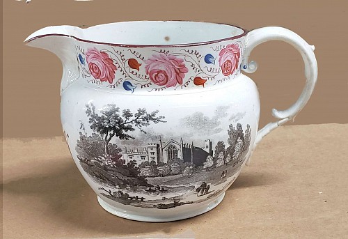 Inventory: Pearlware Pearlware Jug with Scene of an Abbey surrounding the body and Painted Roses around the Rim, Circa 1820
