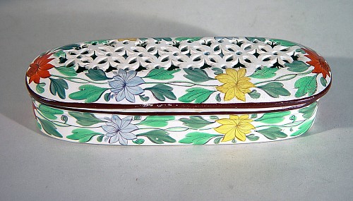 Pearlware Antique English Bristol Pearlware Covered Toothbrush Holder Box decorated with Flowers, Circa 1820 $650