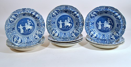 Spode Factory Spode Neo-classical Greek Pattern Blue Soup Plates- Refreshment for Phliasian Horseman-Set of Twelve (12), 1810 $4,200
