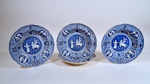 Spode Factory Copeland-Late Spode & Copeland & Garrett  Neo-classical Greek Pattern Blue Soup Plates- Refreshment for Phliasian Horseman (Set of Four), 1845 $1,600