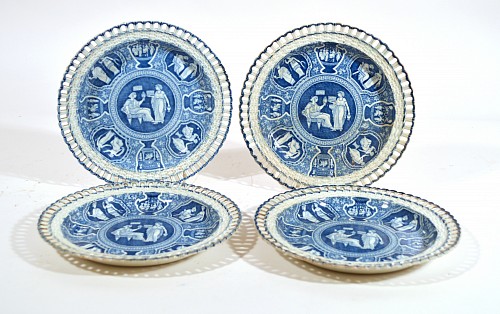 Spode Factory Spode Neo-classical Greek Pattern Blue Openwork Dessert Plates, Four Plates (4), Ceres with a Priestess,, 1810 $1,800
