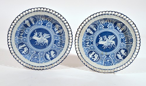Spode Factory Spode Neo-classical Greek Pattern Blue Openwork Dessert Plates- Pair of Plates-Attack of the Griffin, 1810 $450