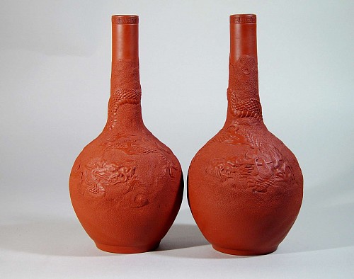 Inventory: Japanese Porcelain Japanese Red Stoneware Potttery Bottle Vases, Early 20th Century $750