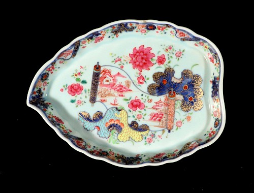 Inventory: Chinese Export Porcelain Chinese Export Porcelain Pseudo Tobacco Leaf Shaped Dish with Puce Scroll, 1765 $2,000