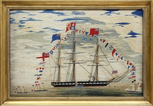 Inventory: Sailor&#039;s Woolwork Large Sailor's Woolwork of a Fully Dressed Royal Navy Frigate with Royal Standard, 1865-75 SOLD &bull;