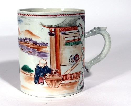 Chinese Export Porcelain Chinese Export Porcelain Mandarin Pattern Dragon Handled Mug or Tankard, 1785 SOLD •