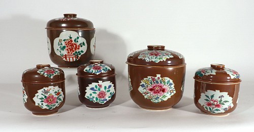 Chinese Export Porcelain 18th-century Chinese Export Porcelain Group of Five Batavia-ware Urns & Covers, 1750s $7,500