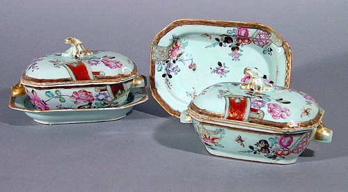 Chinese Export Porcelain Chinese Export Porcelain Famille Rose Sauce Tureens, Covers and Stands, Circa 1765 SOLD •
