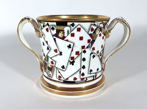 Coalport Factory Antique Coalport Porcelain Large Double-handled Loving Cup with Playing Cards, 1820 SOLD •