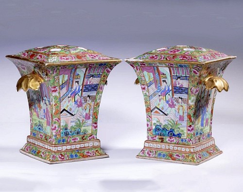 Chinese Export Porcelain Chinese Export Porcelain Rose Canton Bough Pots & Covers, 1810-25 SOLD •