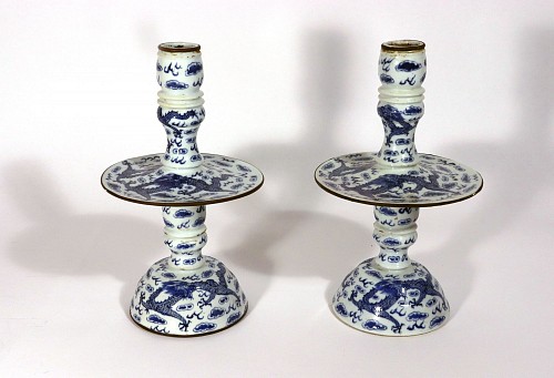 Inventory: Chinese Export Porcelain Chinese Export Porcelain Underglaze Blue Pair of Candlesticks, 1850-80 $2,950