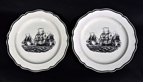 Pearlware Antique English Liverpool Pottery Pearlware Printed Ship Plates, 1785-95 $950