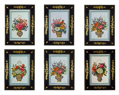 China Trade A Set of Six Framed China Trade Watercolours of Flowering Baskets, Circa 1850. SOLD •