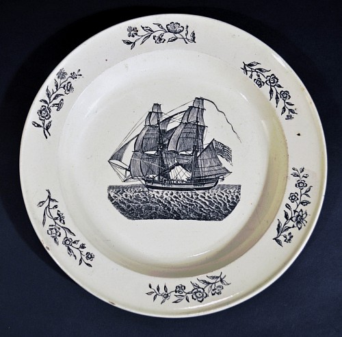 Inventory: Creamware Pottery American Ship decorated English Pottery Creamware Plate, 1785-1800 $550