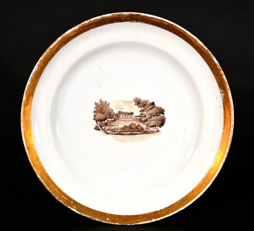 Inventory: Chinese Export Porcelain Chinese Export Porcelain American Market Plate with view of A Mansion,
Made for Isaac Cooper Jones, A Philadelphia merchant, Circa 1825 $800