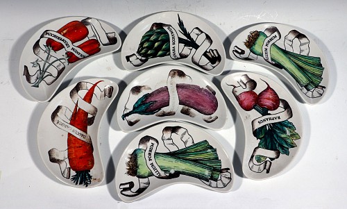 Inventory: Piero Fornasetti Piero Fornasetti Legumi Pattern Demi-lune Salad Dishes, Set of Seven, 1950s $2,750