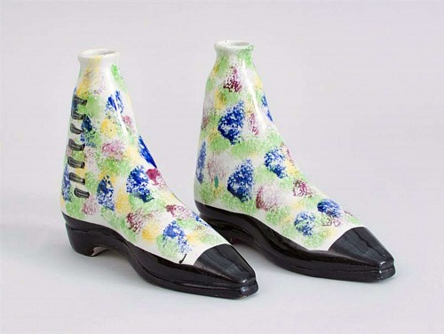 Pearlware Scottish Pottery Pearlware Sponged Spirit Flasks Modelled in form of Boots, Circa 1840-50 $2,250