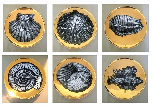 Inventory: Piero Fornasetti Piero Fornasetti Porcelain Gilt Rare Seashell Plates, Conchyliorum Pattern, Set of Six Plates, 1950s $4,000