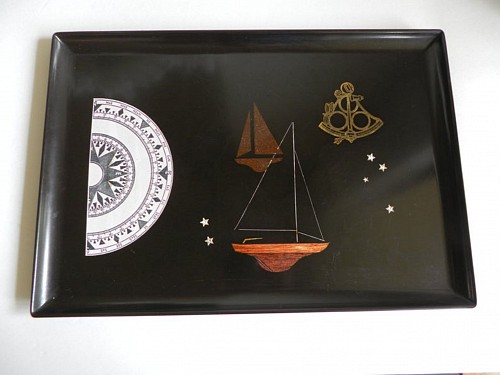Courac Couroc Resin Tray with Sailing Ships and Compass, 1970 $325