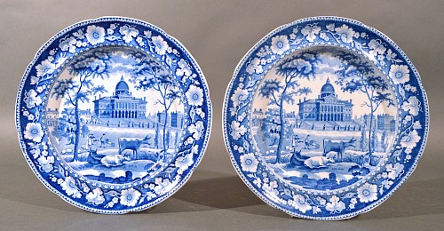 Staffordshire Boston State House Staffordshire Blue & White Pottery Plates, Rogers, 1825 $475