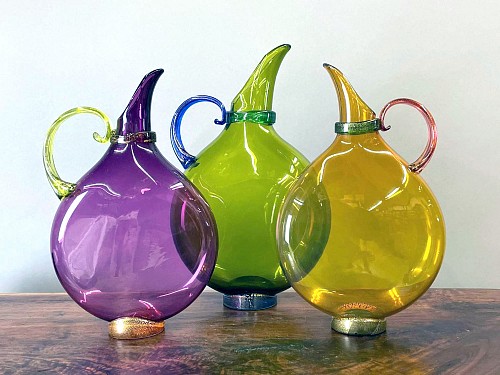 American Glass Art Glass Hand Blown Flat Transparent Glass Pitchers, Set of Three. Nine Iron Studios, Pa., 2007 $3,000